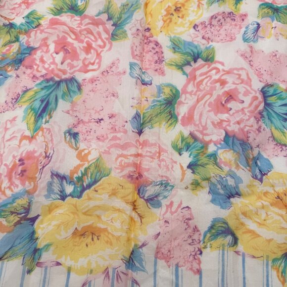 Vtg 80s Floral Rayon Scarf 36x36 Current Inc Pink Yellow Roses Blue Stripe India - Picture 2 of 7